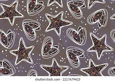 Seamless pattern, hearts, stars, stylized leopard pattern inside heart. dark watercolor background. concept Love, beauty, fashion. One continuous line drawing and spots of animal skin.