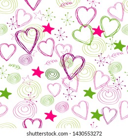 
Seamless pattern: hearts, sticks, spirals, twigs on a white background