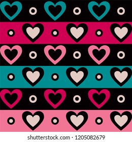 Seamless pattern of hearts, stripes and circles. Simple shapes on a black background