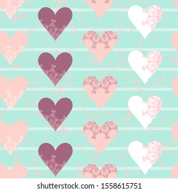 Seamless pattern with hearts and stripes on artificially aged mint color background. Hearts of white, pink and purple with mandala elements.