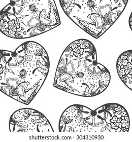 Seamless pattern with hearts in the style of doodle.