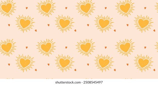 seamless pattern of hearts and suns, romance, background, children's, brush drawing, textile