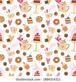 Seamless pattern with hearts, sweets, chocolate, donut, cookie, tea pot, tea cup and coffee mug, cake, dots confetti. Vector background suitable for Valentine's Day, party, packaging, wrapping paper.