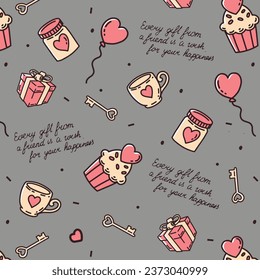 Seamless pattern with hearts, sweets, chocolate, tea cup, key and cake, dots confetti. Vector background suitable for party, packaging, wrapping paper.