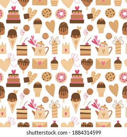 Seamless pattern with hearts, sweets, ice cream cone, chocolate, donut, cookie, tea pot, gift box, cake pops, cake, letter envelope. Vector background suitable for Valentine's Day, party, packaging.
