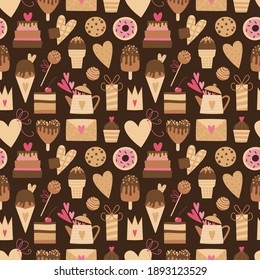 Seamless pattern with hearts, sweets, ice cream cone, chocolate, donut, cookie, tea pot, gift box, cake pops, cake, letter envelope. Vector background suitable for Valentine's Day, party, packaging.