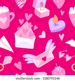 Seamless pattern with hearts and symbols of love. Vector repeating texture Valentine's Day. Background for greeting cards, packaging, design for a holiday, wedding, engagement