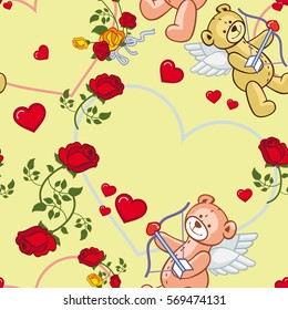 Seamless pattern with hearts and teddy bears. Vector clip art.
