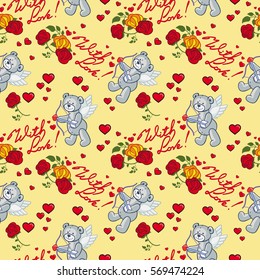 Seamless pattern with hearts and teddy bears. Vector clip art.
