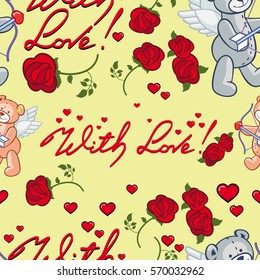 Seamless pattern with hearts and teddy bears. Vector clip art.