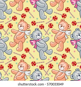 Seamless pattern with hearts and teddy bears. Vector clip art.