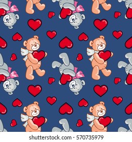 Seamless pattern with hearts and teddy bears. Vector clip art.