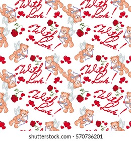Seamless pattern with hearts and teddy bears. Vector clip art.