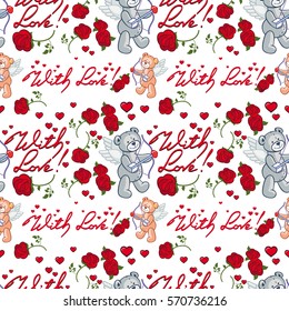 Seamless pattern with hearts and teddy bears. Vector clip art.