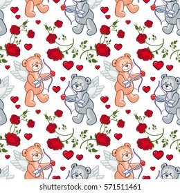 Seamless pattern with hearts and teddy bears. Vector clip art.
