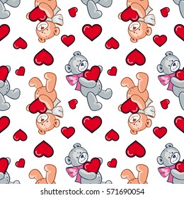 Seamless pattern with hearts and teddy bears. Vector clip art.