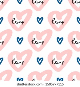 Seamless pattern with hearts and text Love. Doodle, sketch, drawn by hand. Romantic print. Cute vector illustration.