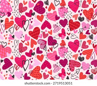 Seamless pattern of hearts with texture in playful doodle style Festive hand drawn Valentine's day vector background Bright romantic design for holiday wrapping paper, fabric prints and love decor