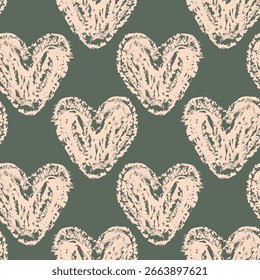 Seamless pattern of hearts, textured chalk style, romantic design, Valentine's Day, suitable for greeting cards, fabric.
