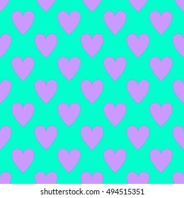 Seamless pattern with hearts thin line stroke. The symbol of the heart. Aquamarine contour line on a bright aquamarine turquoise background with purple hearts.