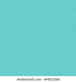 Seamless pattern with hearts thin line stroke. The symbol of the heart. Light blue contour line on a aquamarine background.