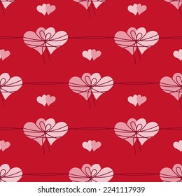 Seamless pattern with hearts tied with threads. Simple vector illustration in doodle style
