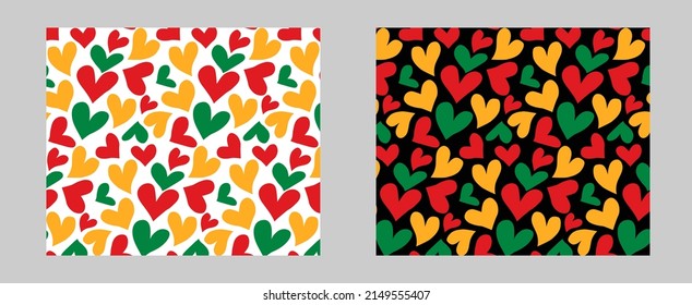 Seamless pattern with hearts in traditional African colors - red, green, yellow, black. Background set for Black History Month, Juneteenth, Kwanzaa banner With Hearts in Pan-African Flag Colours.