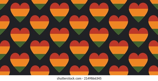 Seamless pattern with hearts in traditional Pan African colors - red, yellow, green, black background. Backdrop for Kwanzaa, Black history month, Black Love Day, Juneteenth greeting card, banner.