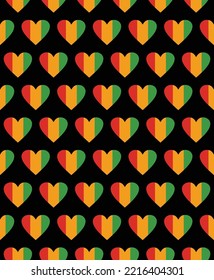 Seamless pattern with hearts in traditional Pan African colors - red, yellow, green, black background. Backdrop for Kwanzaa, greeting card, banner, textile 