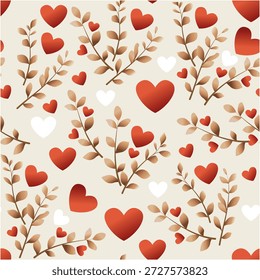 Patrón sin fisuras. Corazones y ramas de árbol con hojas sobre un fondo beige. Estilo de acuarela. Decoración para el día de San Valentín, el día de la madre, cumpleaños, bodas o el nacimiento de un niño. Tela, embalaje, papel de embalaje, cubierta.