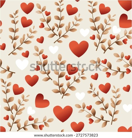 Seamless pattern. Hearts and tree branches with leaves on a beige background. Watercolour style. Decoration for Valentine's Day, Mother's Day, birthdays, weddings or the birth of a child. Fabric, packaging, wrapping paper, cover.