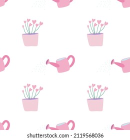 Seamless pattern. Hearts tree and watering can. Wrapping paper pattern. Valentines Day decorations.