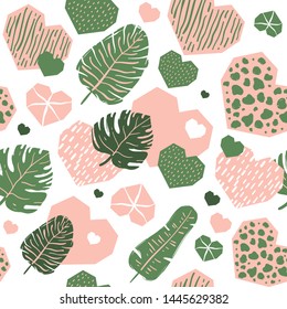Seamless pattern with hearts and tropical leaves. Hand drawn vector Illustration
