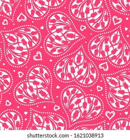 Seamless pattern with hearts and tulips. White and pink colour. Floral background for Valentines Day or wedding cards. Repeating texture for wallpaper design, textile, wrapping paper. Vector image.
