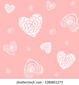 Seamless pattern of hearts and twirls. Vector illustration of repeating background for Saint Valentine's Day. Decorative endless texture. Love and romance.
