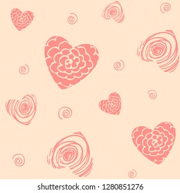 Seamless pattern of hearts and twirls. Vector illustration of repeating background for Saint Valentine's Day. Decorative endless texture. Love and romance.