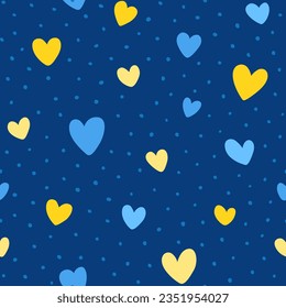 Seamless pattern with hearts in Ukrainian colors. Ukrainian Flag. Vector background. Texture for print, textile, fabric.