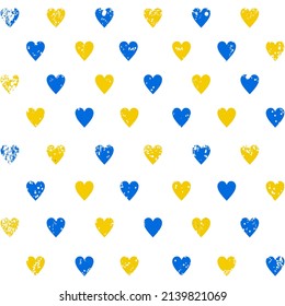 Seamless pattern from hearts in ukrainian flag colors. Blue and yellow conceptual idea - with Ukraine in his heart. Pray For Ukraine peace. Care, love and charity symbol. Vector 