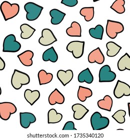 Patrón de corazones sin foco. Los corazones de San Valentín se moldean con los colores amarillo limón, naranja y verde. Elementos vectores, aislados.