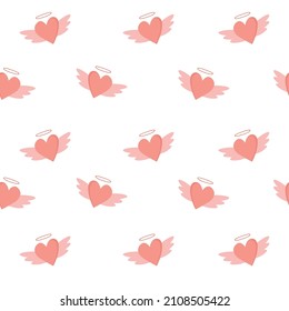 Patrón sin foco con corazones para el día de San Valentín. Corazón rosado con alas y nimbus