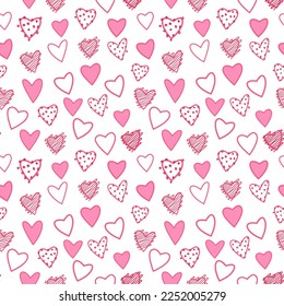 Seamless pattern of hearts for valentine's day and February 14th. Holiday decorations. Decor for printing gift paper, postcards. Pink and red cute hearts for gift for girls and women. Valentine's Day