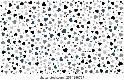 Seamless pattern of hearts in various shades of gray and black on white background.