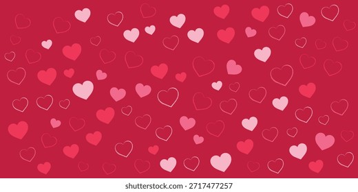 A seamless pattern of hearts in various shades of pink and red, some solid and some outlined, scattered across a deep red backdrop.