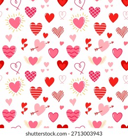 Un patrón sin fisuras con corazones de varias Formas y colores. Elementos de San Valentín.