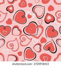 Nahtloses Muster. Herzen verschiedener Formen, handgezeichnet auf nacktem Hintergrund. Design für Valentinstag, Geburtstag, Hochzeit, Jahrestag. Für Stoff, Umhüllung, Hintergrund.