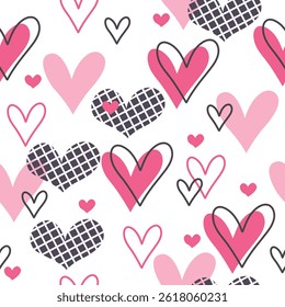 Patrón sin fisuras de corazones en varios estilos y tamaños. El fondo es blanco, y los corazones están en tonos de rosa y negro.