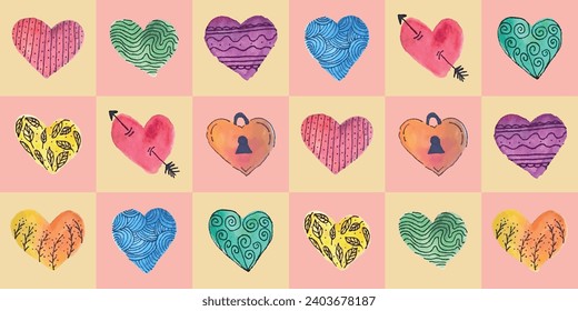 Seamless pattern with hearts. Vector illustration for Valentine's Day. Set of hand drawn hearts on a colored background.