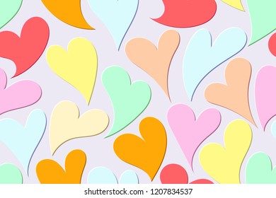 Seamless pattern of the hearts. Vector, pastel colors. Embossed effect.
