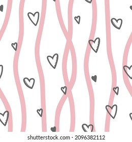 Seamless pattern in hearts and vertical stripes. Use on Valentines Day on textiles, wrapping paper, backgrounds, souvenirs. Vector