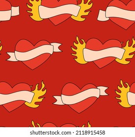 Seamless pattern with hearts and vintage ribbon. Valentine's day. Old school tattoo style. Vector background